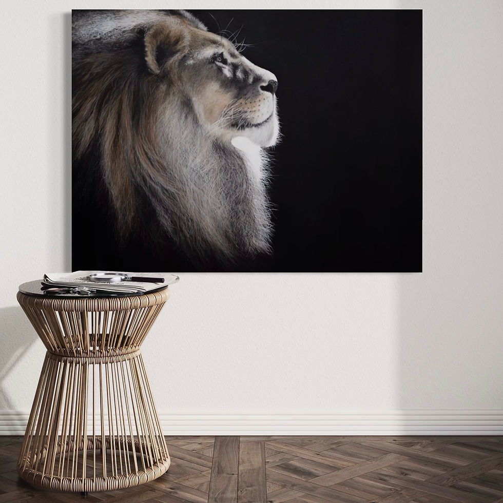 Thumbnail: Extra Large sized canvas print of a painting of a lion's head.  This canvas is hanging on a wall with a table nearby.
