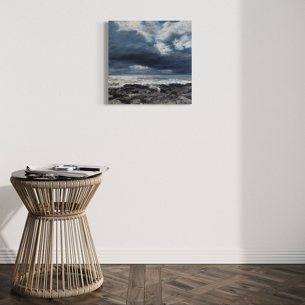 Thumbnail: Medium sized canvas print of a painting of a seascape.  This canvas is hanging on a wall in a room setting with table