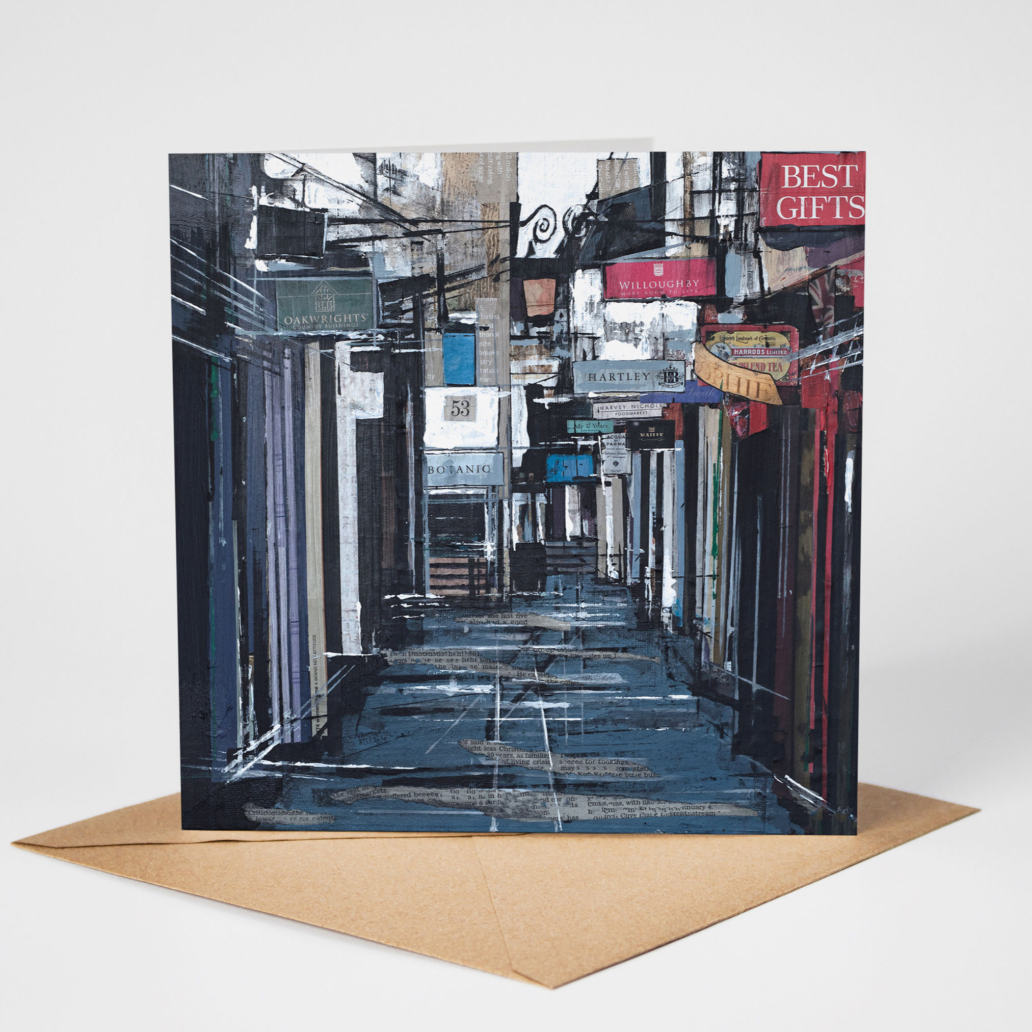 Image of The Corridor in Bath Greeting Card standing upright on a Kraft brown envelope