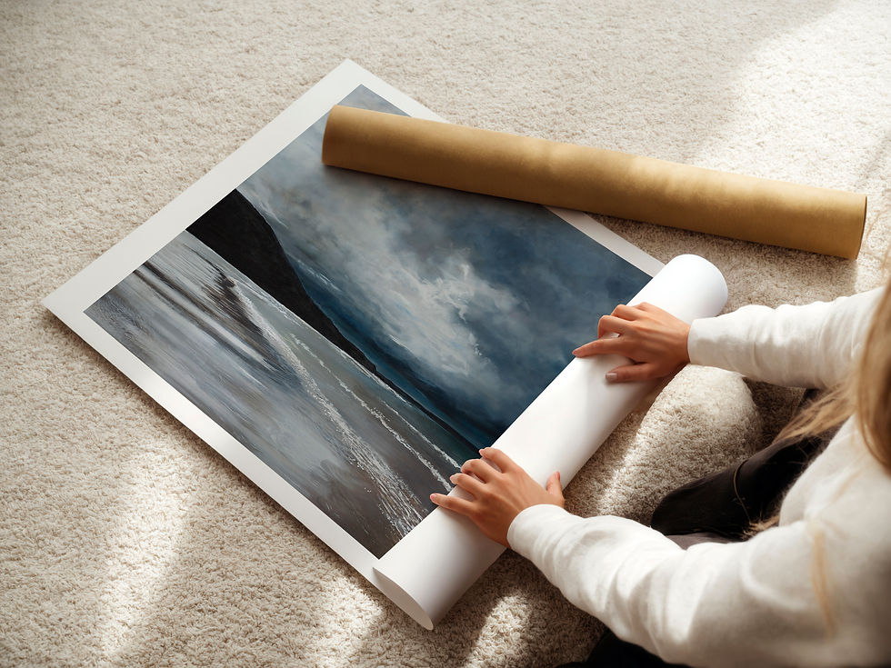 Thumbnail: Print of a painting of a seascape.  This print is being rolled up on the floor ready to be posted