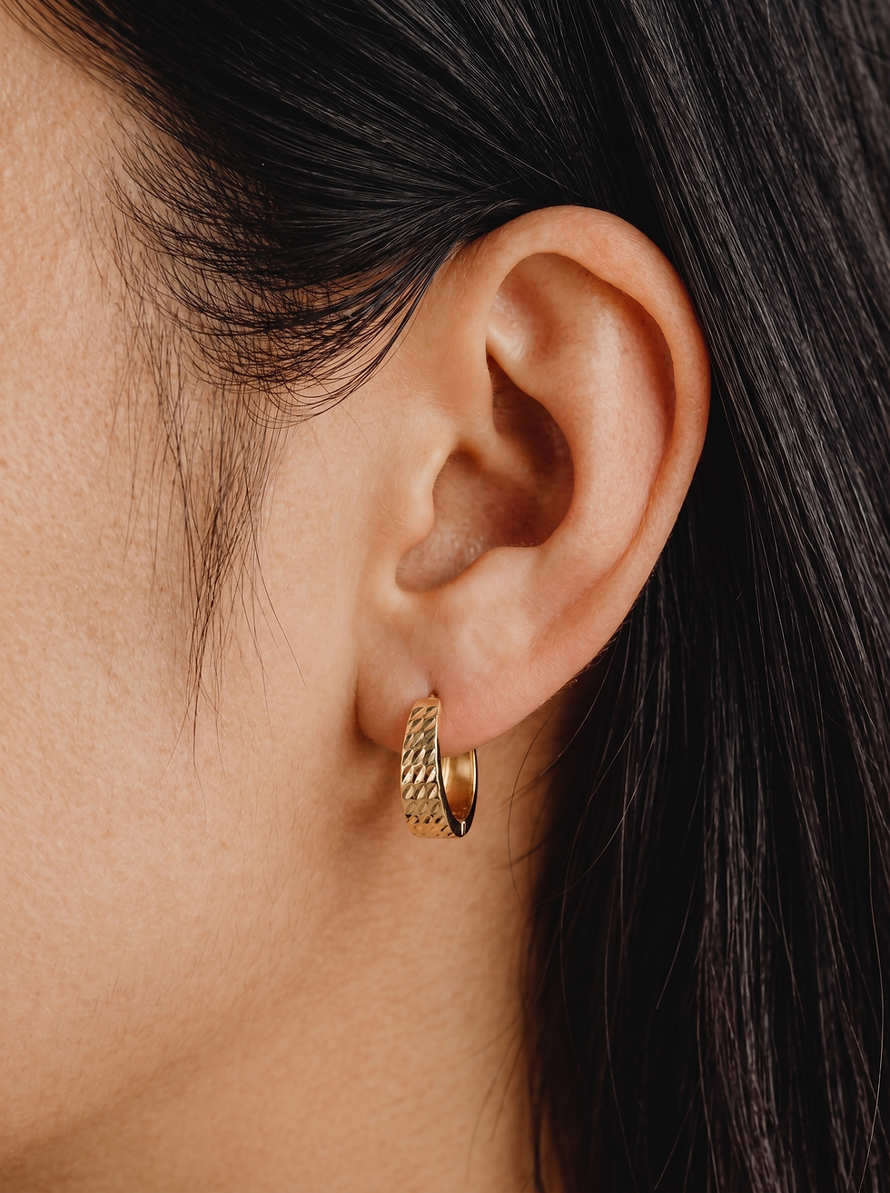 Tapered Diamond Cut Yellow Gold Huggies