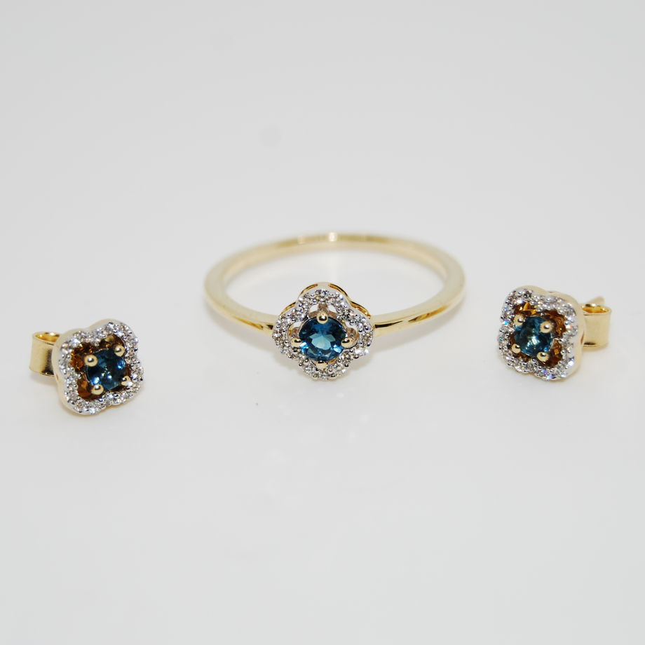 Clover London Blue Topaz and Lab Diamond Yellow Gold Studs