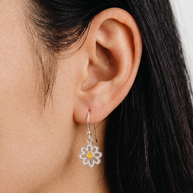 Daisy Enamel Silver Drop Hook Earrings