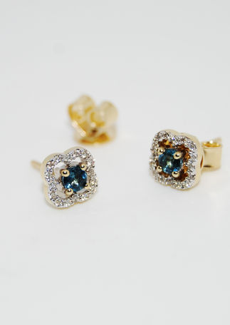 Clover London Blue Topaz and Lab Diamond Yellow Gold Studs