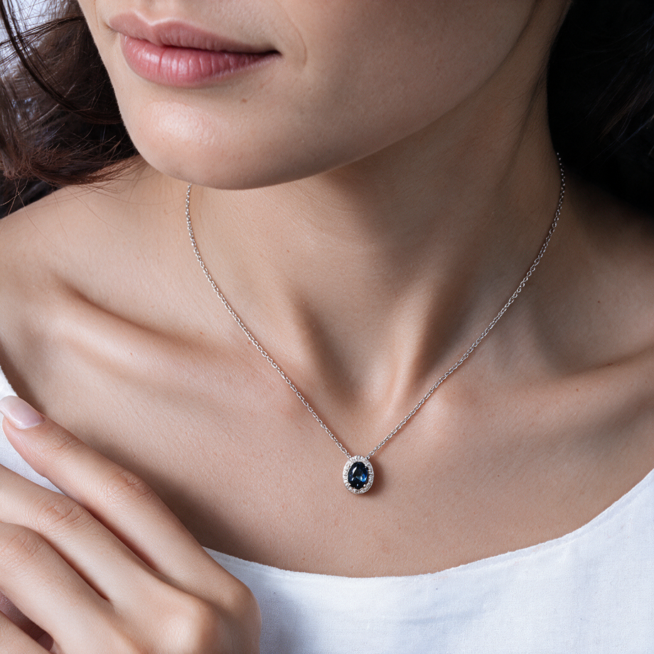 Oval London Blue Topaz Halo Diamond 9ct White Gold Necklace