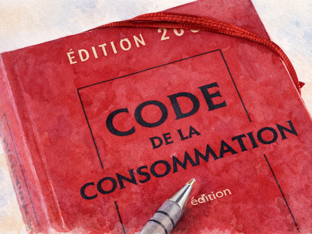 Illustration aquarelle du Code de la consommation, symbolisant les règles juridiques applicables aux droits des consommateurs et aux litiges contractuels.