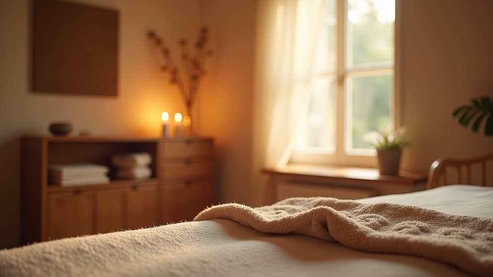 Eye-level view of a cozy Reiki therapy room with soft lighting