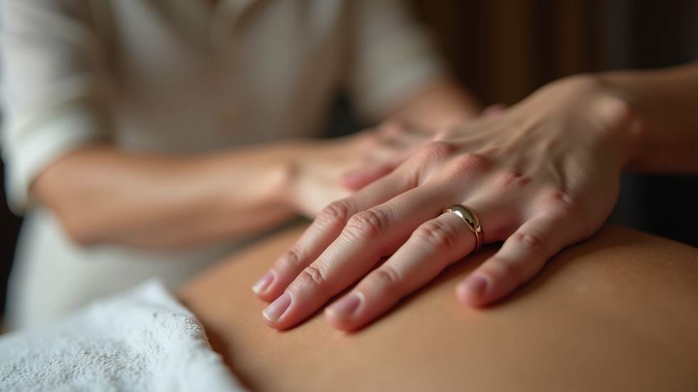 Close-up view of a Reiki practitioner’s hands gently hovering over a client’s back