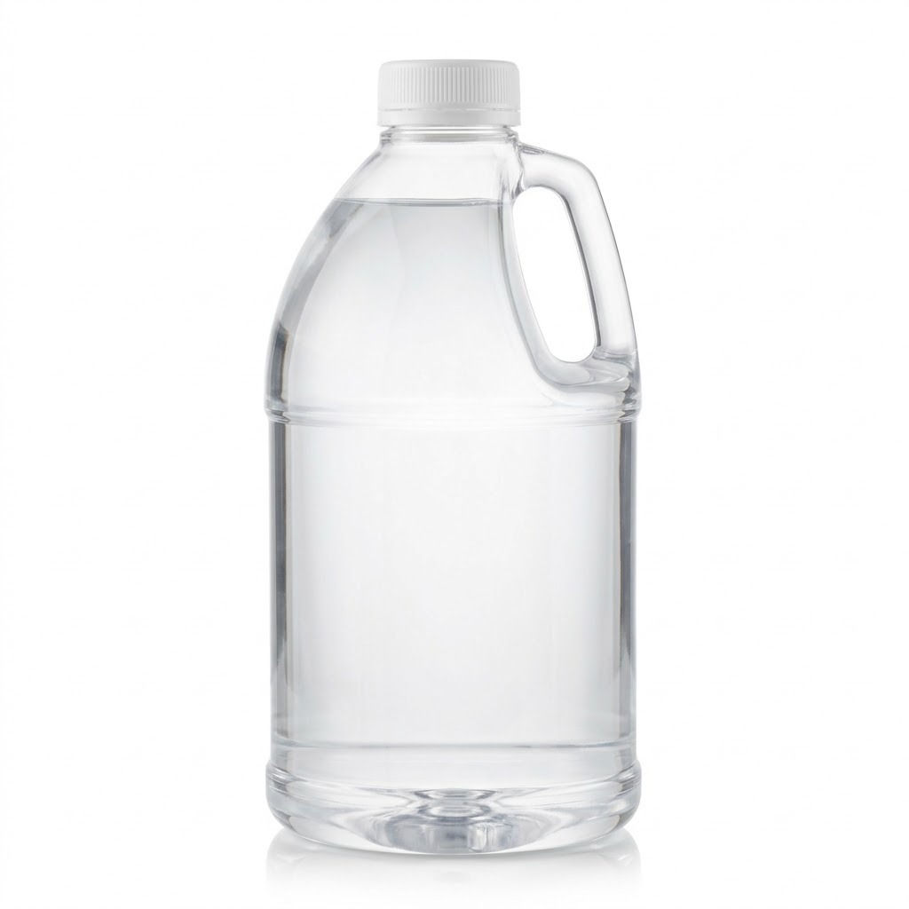One-gallon clear plastic jug of food-grade vegetable glycerin with handle and white cap