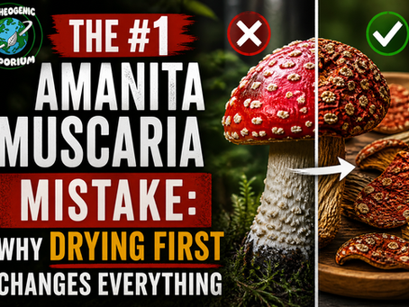 Amanita muscaria banner with fresh vs dried mushrooms and Entheogenic Emporium logo, highlighting why drying comes first.