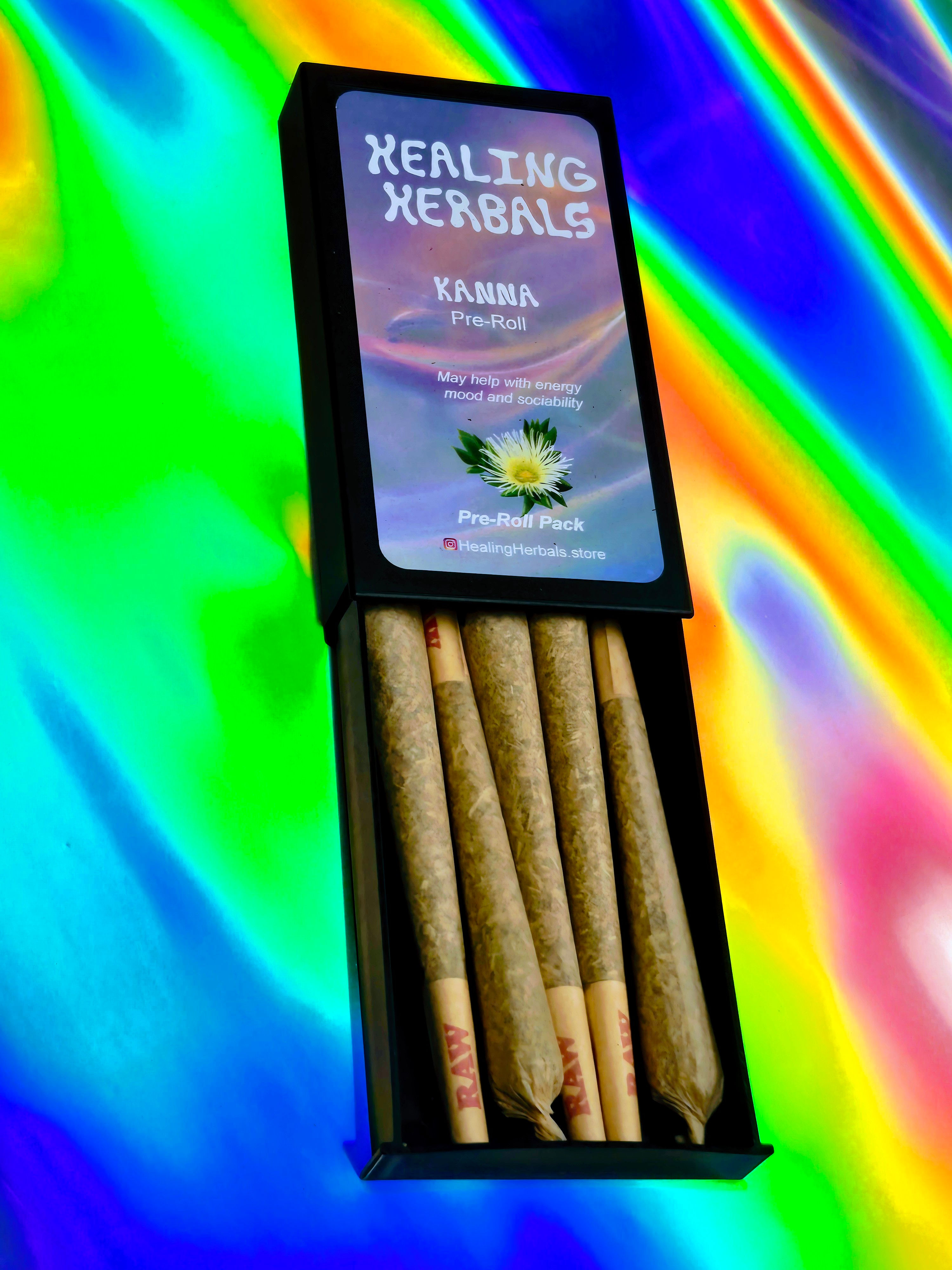 Kanna pre-roll pack with five herbal joints in black case on iridescent rainbow background.