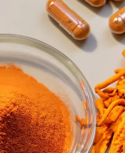 Cordyceps extract powder in glass bowl, orange powder with dried pieces and capsules in background.