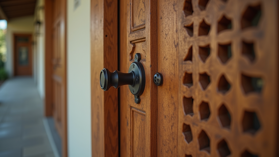 Close-up view of a modern wooden front door with intricate designs