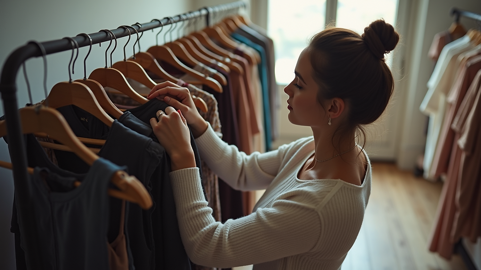 High angle view of a fashion stylist arranging clothing on a rack