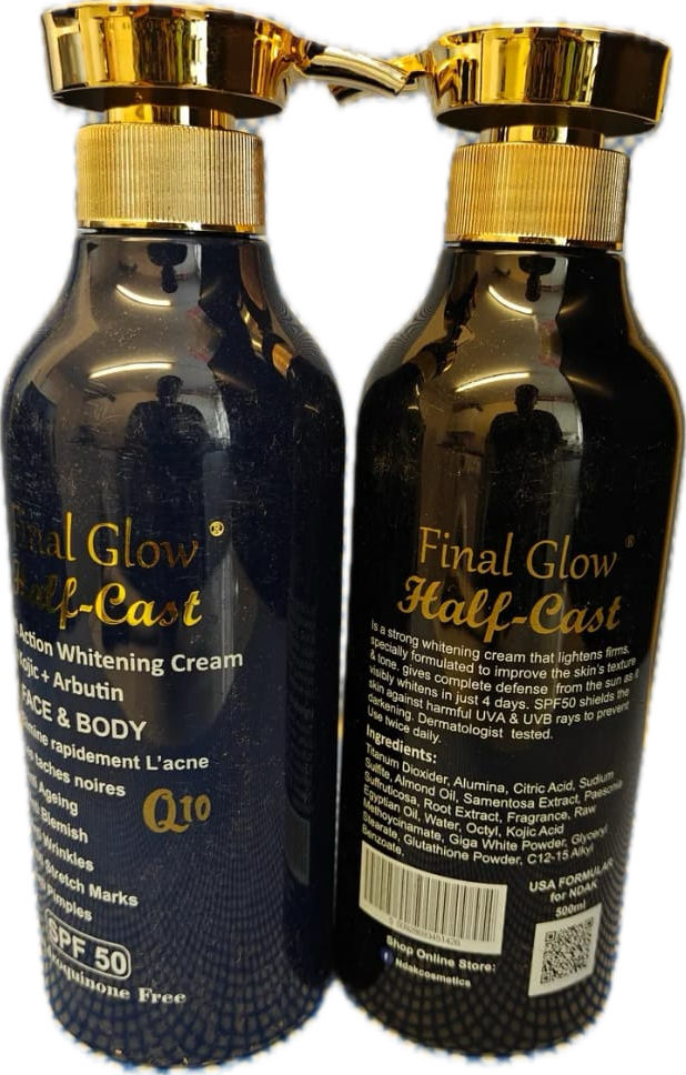 Two bottles of Final Glow Half-Cast whitening cream.