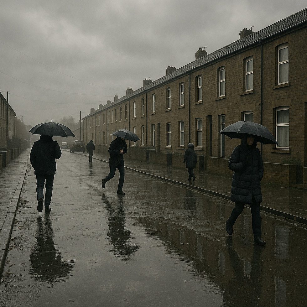 People walking with umbrella in heavy rain on a grey day in the UK