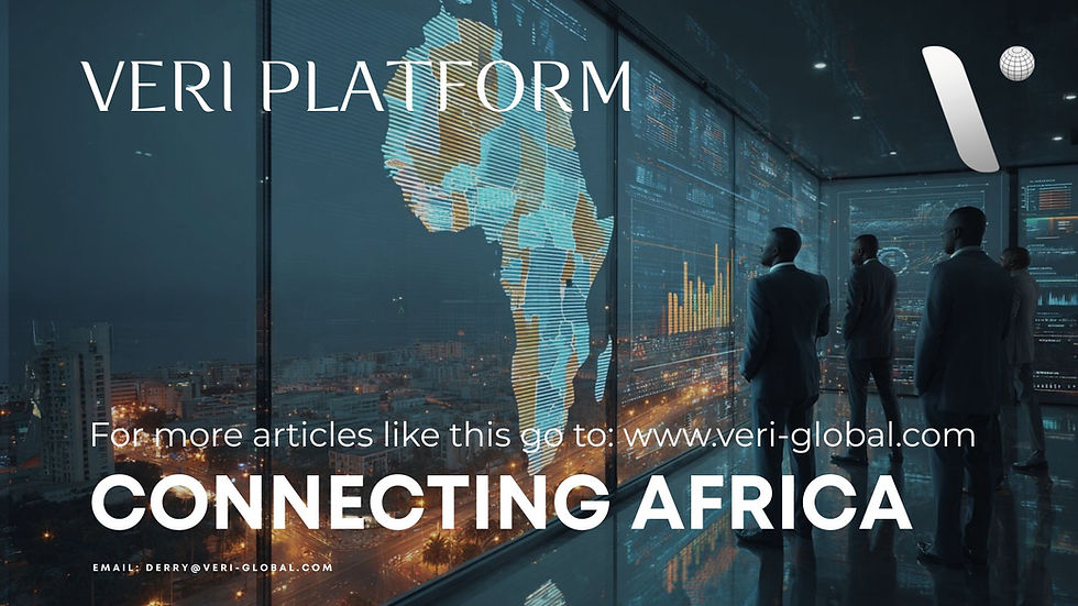 People in suits analyze digital maps and data on a large screen displaying Africa at night. Text: "VERI PLATFORM CONNECTING AFRICA."