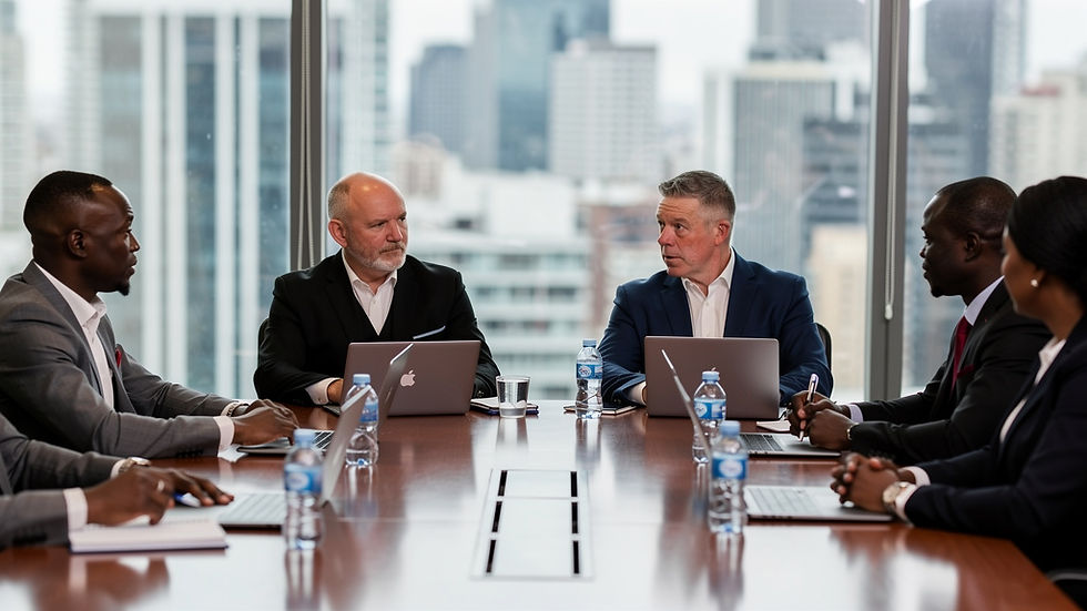 Business meeting with six people in suits around a table with laptops, in a high-rise office, cityscape view, discussing intently.