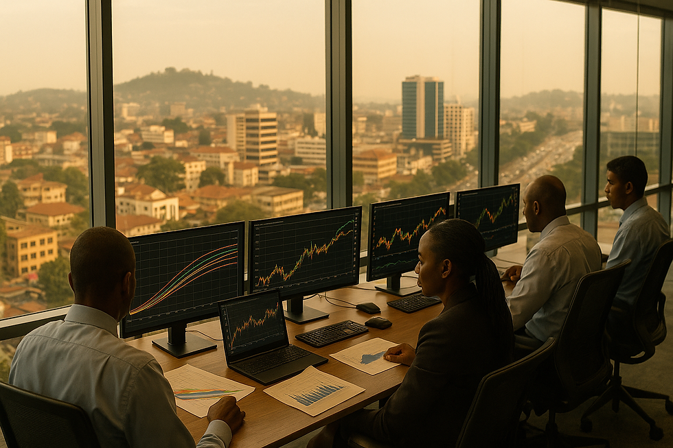 Four professionals analyze graphs on monitors in a high-rise with a cityscape background. Papers with charts are on the table.