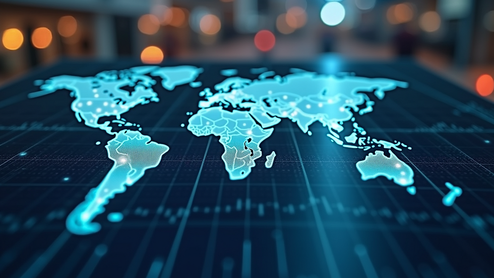 High angle view of a digital map showing interconnected global financial markets