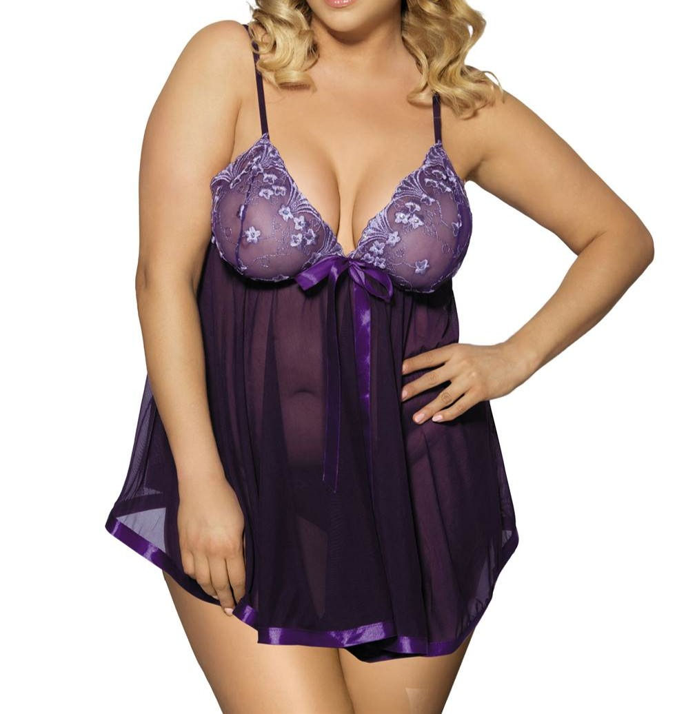 Transparent Purple Plus Size Floral Bra Babydoll