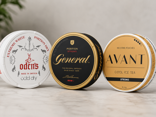 Jämförelse mellan vitt snus, nikotinpåsar och traditionellt tobakssnus från Avant, General och Odens.