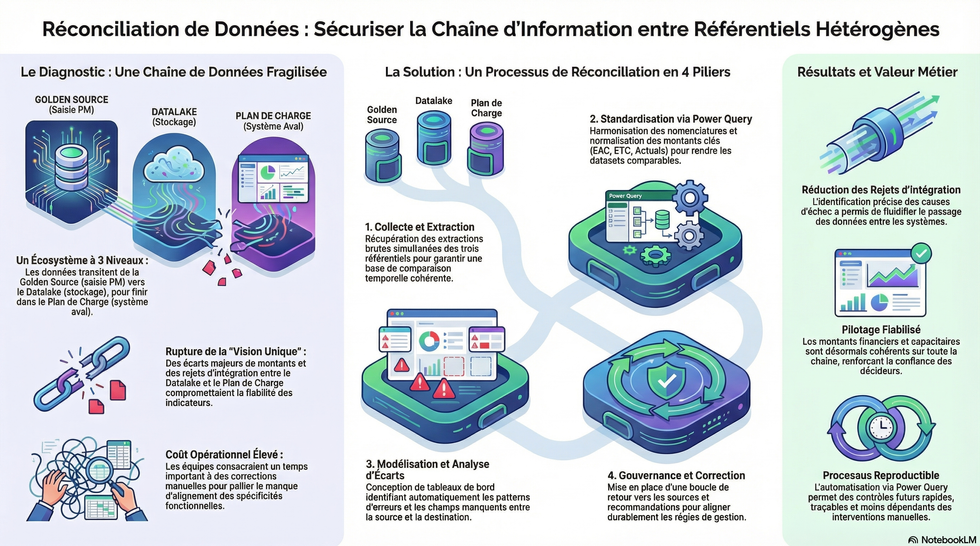 Une synthèse visuelle des points de rupture identifiés entre les 3 référentiels. L’infographie met en lumière les causes, les impacts et les leviers de correction.