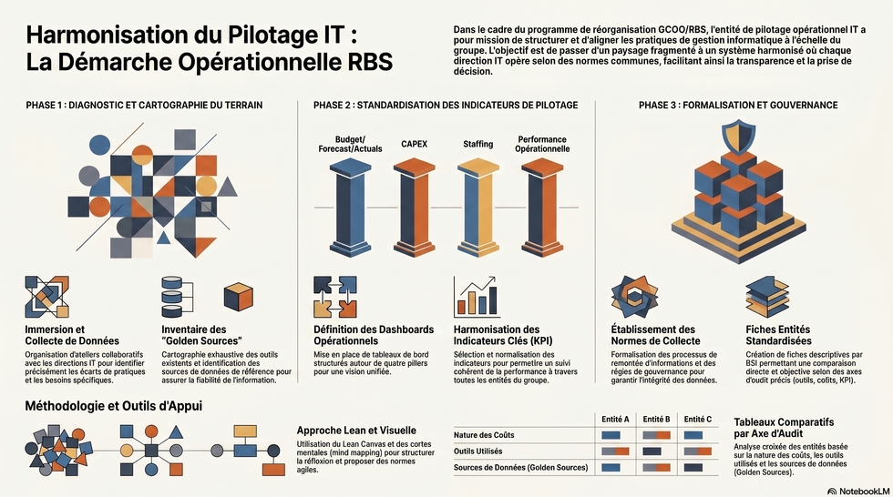 Une infographie claire et visuelle qui résume les résultats du diagnostic : cartographie des outils, comparaison des pratiques, écarts identifiés, zones de risque et opportunités d’harmonisation. Elle permet de saisir en un coup d’œil les forces, faiblesses et priorités du pilotage IT au sein des différentes DSI.