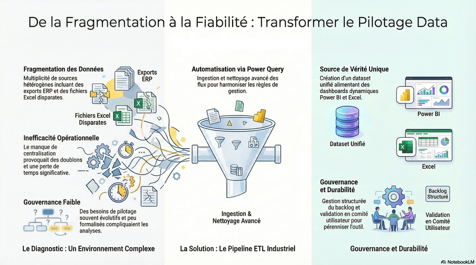 Une infographie synthétique qui illustre le pipeline ETL : extraction multi‑sources, transformations clés (nettoyage, normalisation, contrôles), harmonisation fonctionnelle et chargement final dans Excel/Power BI. Elle met en scène la transition vers un système de pilotage consolidé, gouverné et durable.