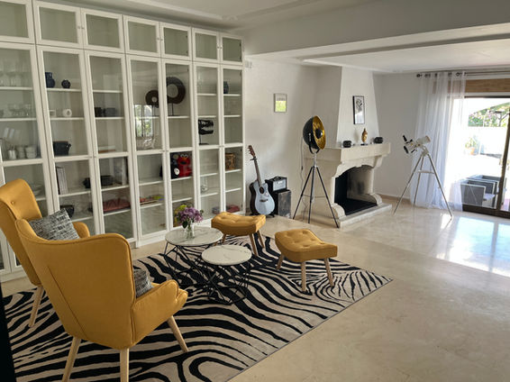 Living room with yellow chairs, cabinets, guitar, zebra rug, fireplace. Home