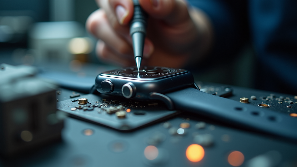 Eye-level view of a technician using precision tools to repair an Apple Watch
