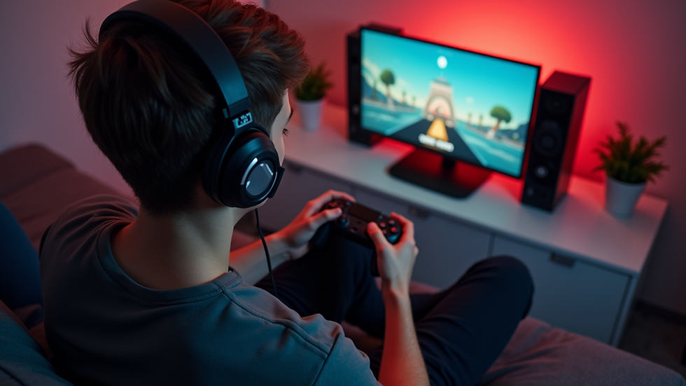 High angle view of a gamer playing with a console and controller