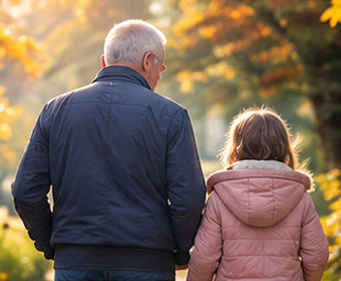Grandfather and granddaughter walking together through a sunlit autumn park.