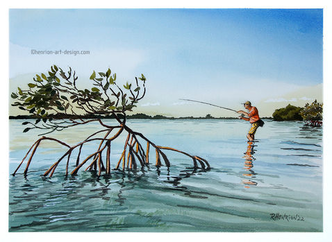Hiding in Mangroves, watercolor by Roland Henrion