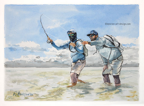 Sight Casting, watercolor by Roland Henrion