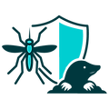 An illustration of a shield protecting a yard from a mosquito and a mole, representing complete pest control.