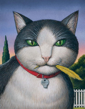 Illustration of a cat with a bird feather in its mouth