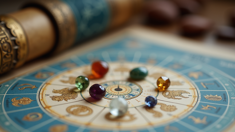 Close-up view of astrological charts and gemstones used for remedies
