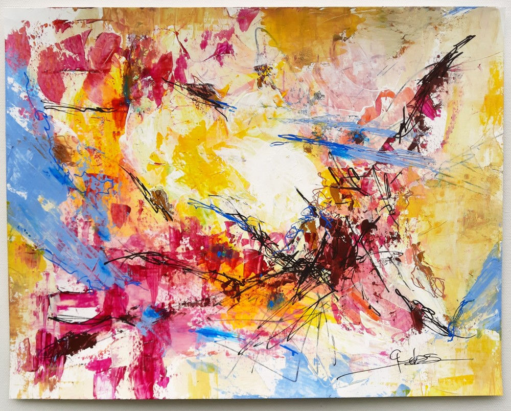 Œuvre d'art sur papier éclatante jaune rose ocre bleue lumière blanche