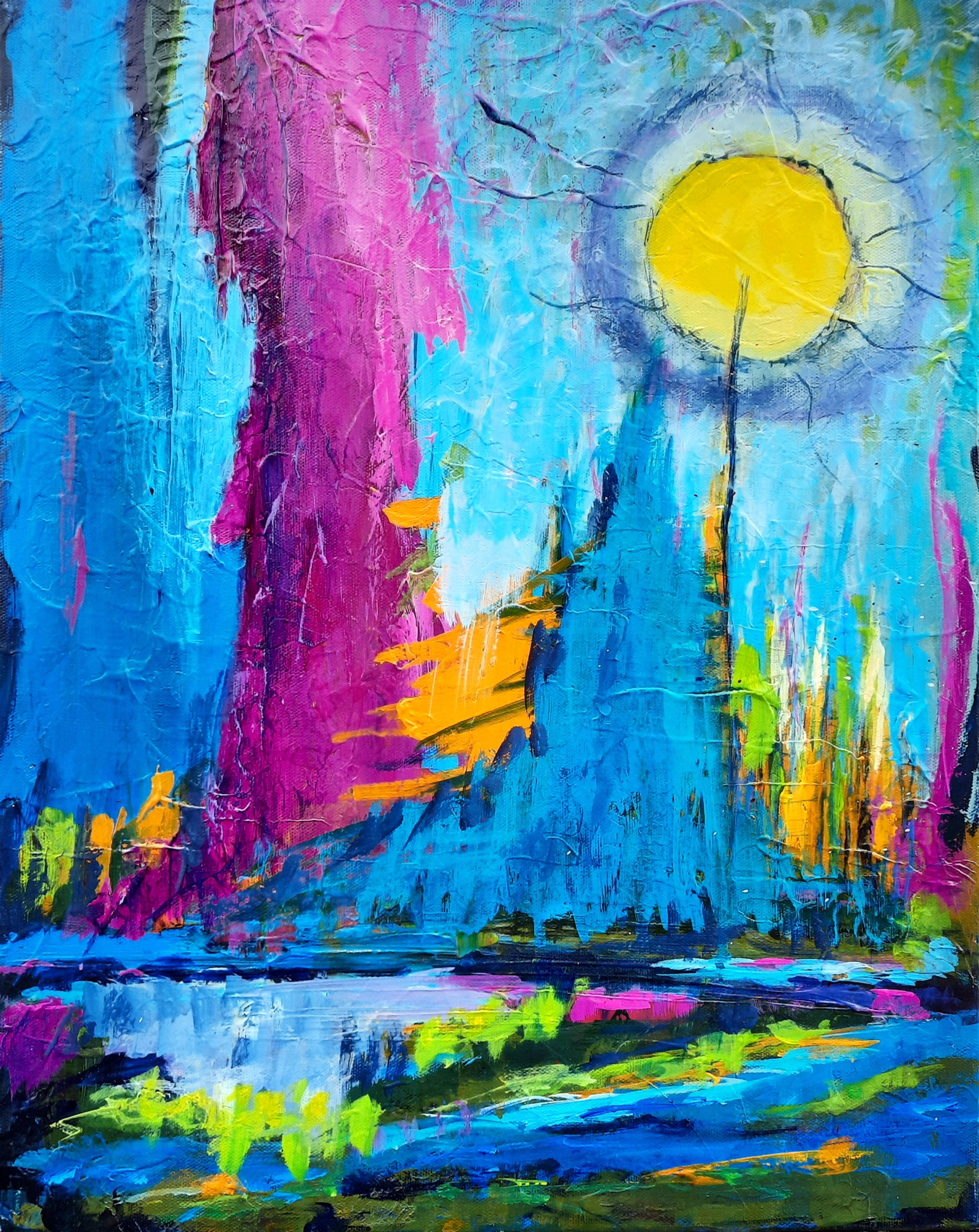 toile intuitive bleue rose jaune lumière