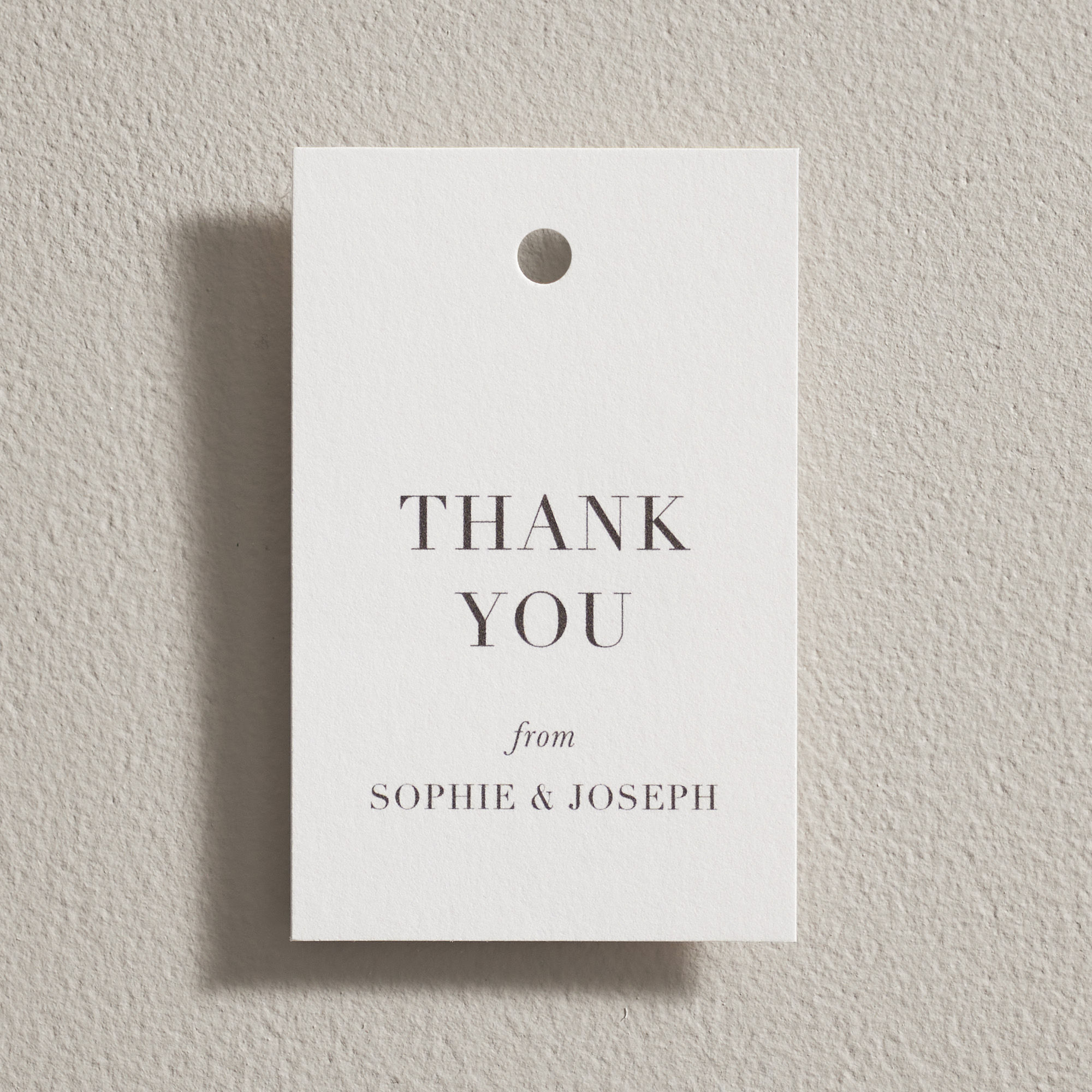 Modern design wedding favour tag with personalised thank you message and hole to add ribbon