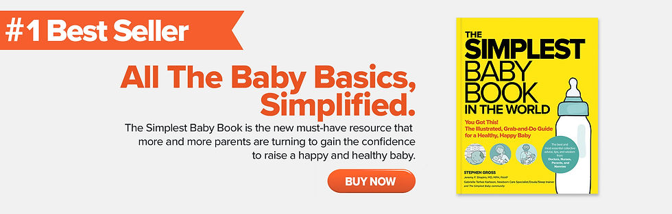 #1 Best Seller banner, "All The Baby Basics, Simplified" in orange text with a yellow baby book cover. "Buy Now" button below.