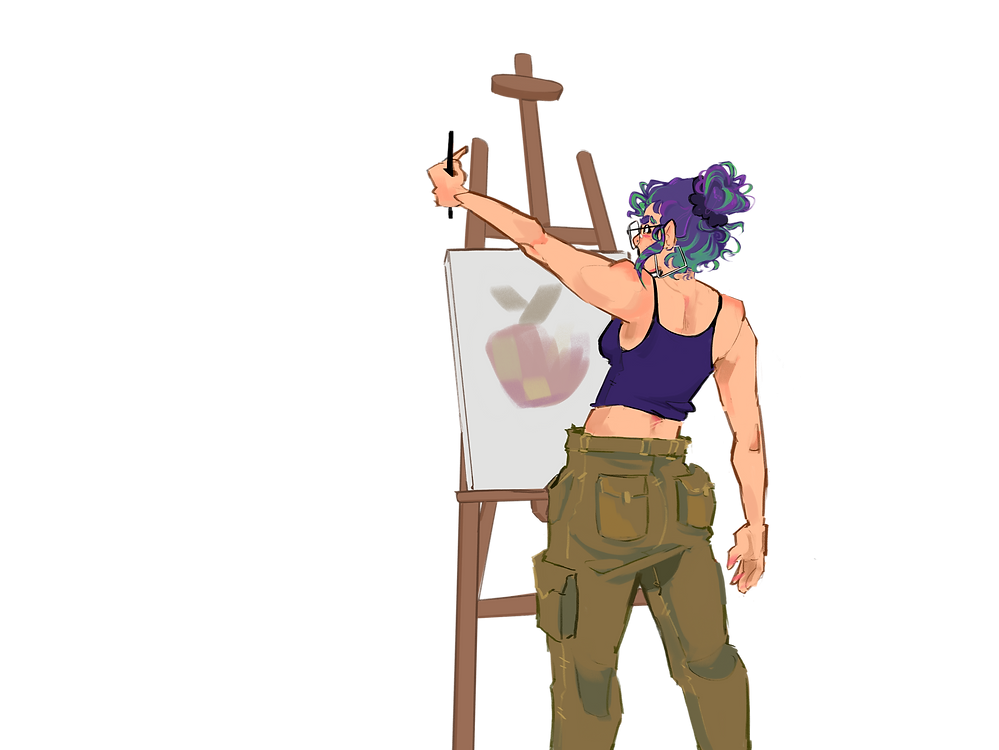 illustration of person with back turned to camera standing infront of an easel