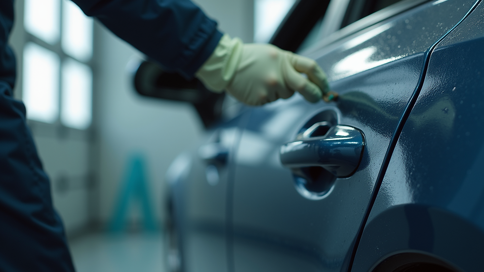 Close-up view of a technician applying paint to a car door in an auto body shop