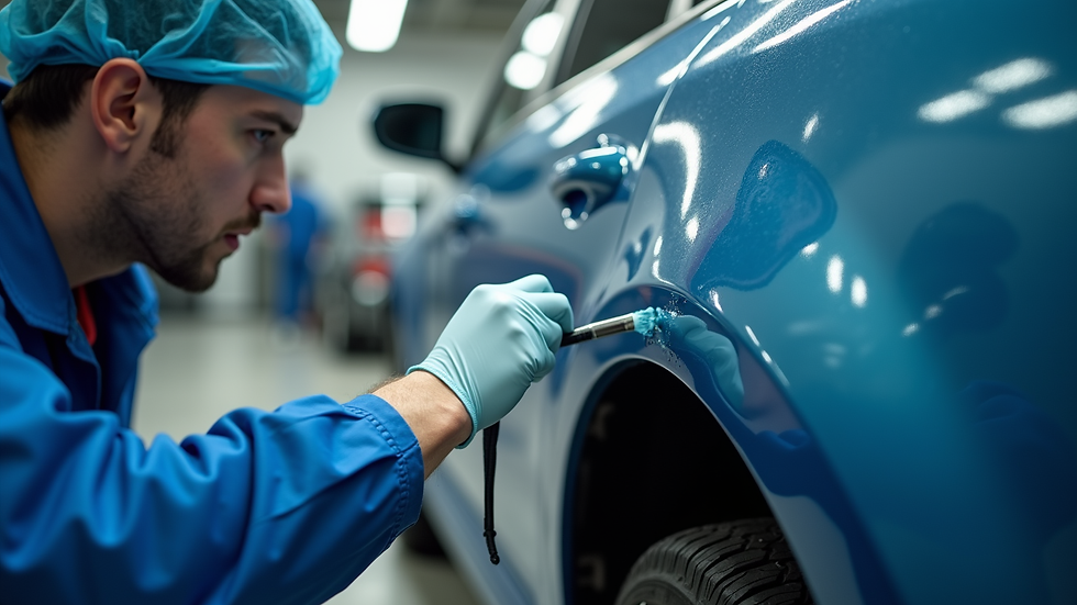 Close-up view of a technician applying paint to a vehicle panel
