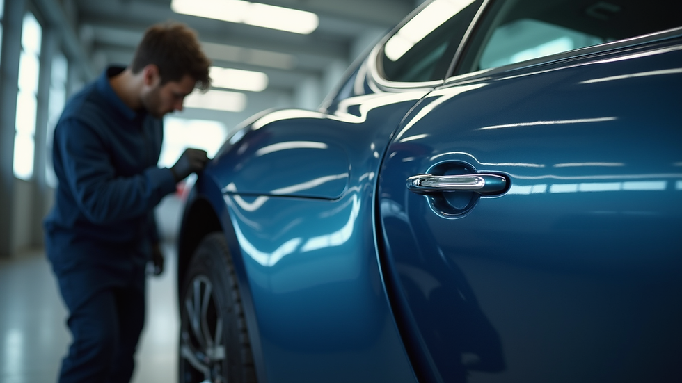 Close-up view of a technician inspecting a car’s paint finish