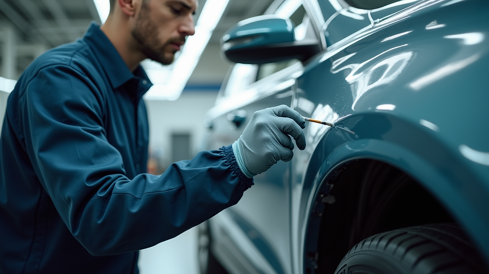 Eye-level view of a technician applying paint to a car panel in a repair shop