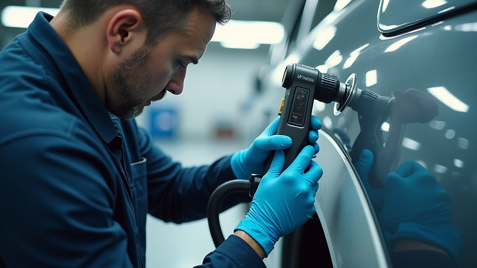 Close-up view of a technician using paint matching equipment in an auto body shop