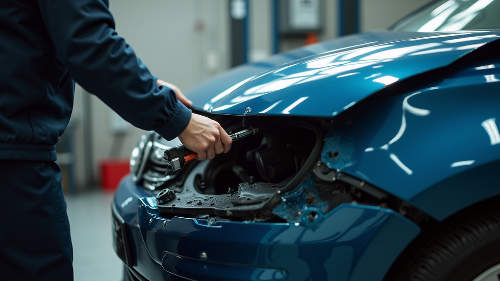 Close-up view of a technician using a frame straightening machine on a damaged car