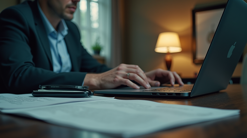 Eye-level view of a private investigator’s office with files and a laptop